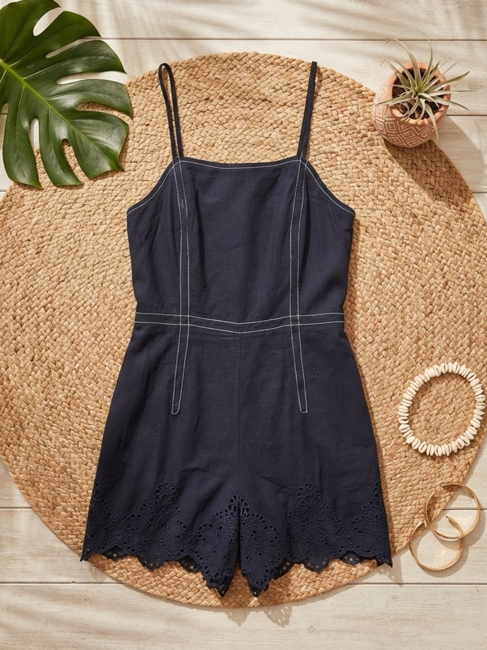 ZARA Black Eyelet Lace Scalloped Hem Romper | Contrast Stitching